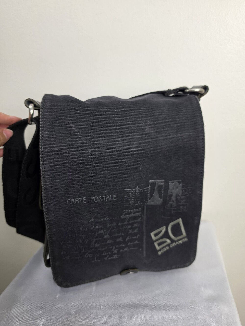BOSS ORANGE Black Canvas Messenger Bag with Graphic Postcard Print